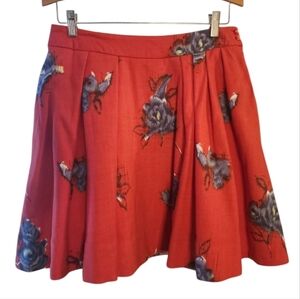 Anthropologie Odille Mini Skirt Red Wool Fully Lined Sz 4 Floral Coquette Prep